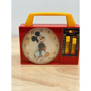 Vintage Illco Disney Mickey Mouse Musical Toy Radio Wind Up Clock Red Yellow